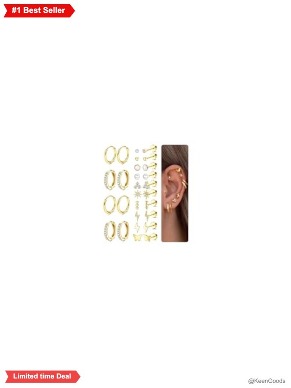 14K Gold Plated Flat Back Stud & Hoop Cartilage Earrings Set for Women